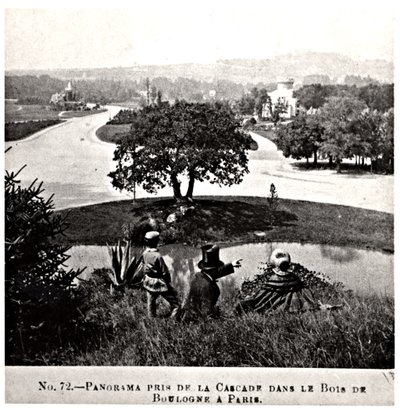 Panoramisch uitzicht op het Bois de Boulogne, genomen vanaf de waterval, ca. 1860-70 door French Photographer